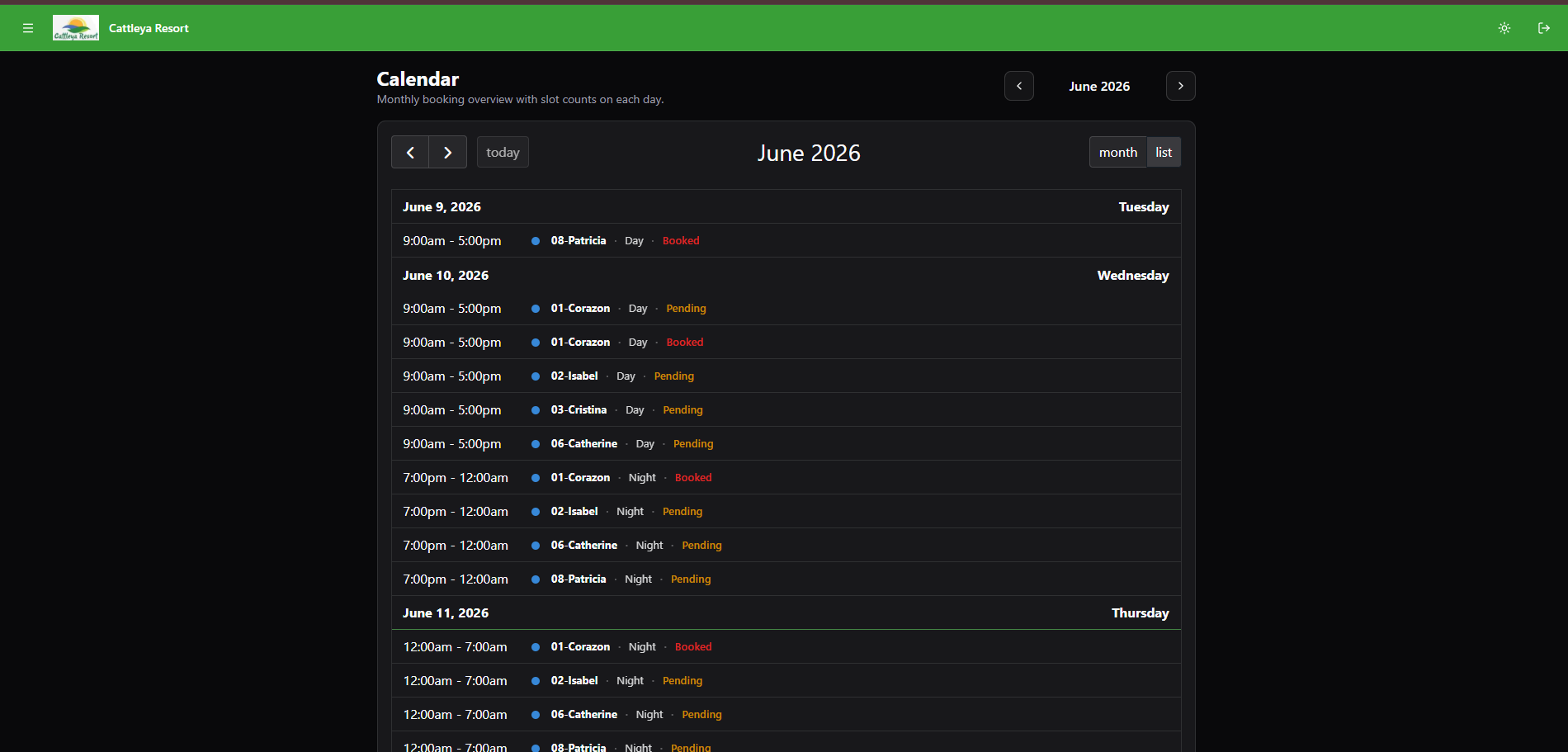 Calendar list view showing bookings in a scrollable list